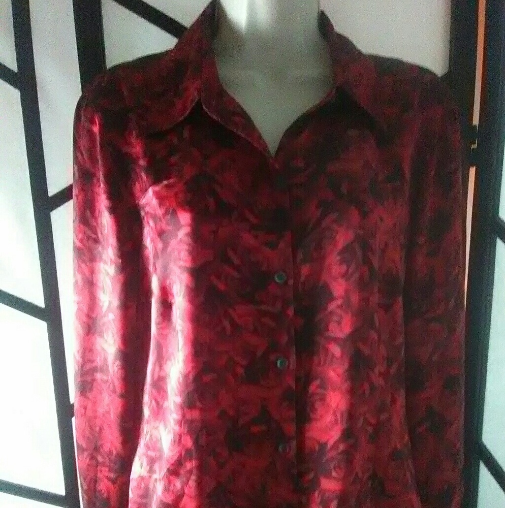 NY&CO Women's Red/Black Floral 100% Silk Blouse